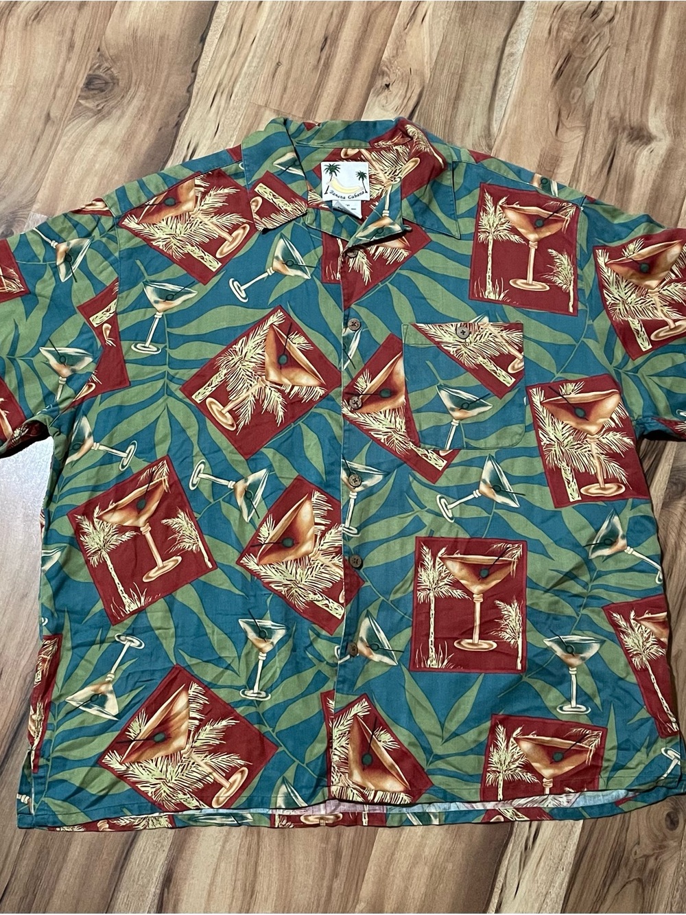 Banana Cabana 100% Silk Camp Shirt Large Martini Glass Tropical Tiki Resort XXL